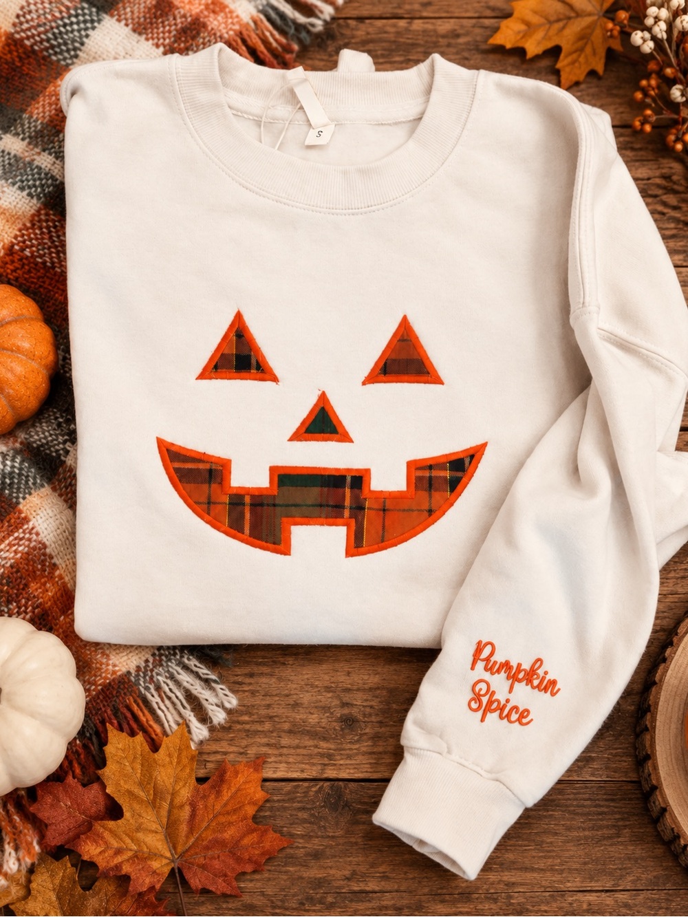 Reflex Cream Jack-O'-Lantern Sweatshirt with Orange Plaid Accents